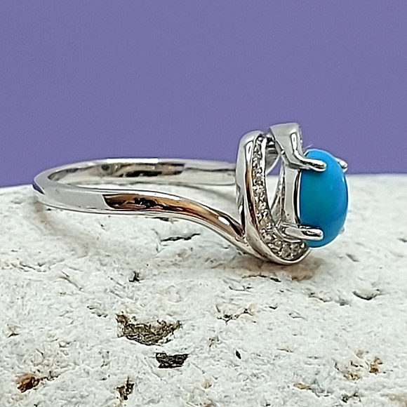 Natural Oval Blue Turquoise 8x6mm & Cz 925 Sterling Silver Ring Size 6 - Picture 2 of 10